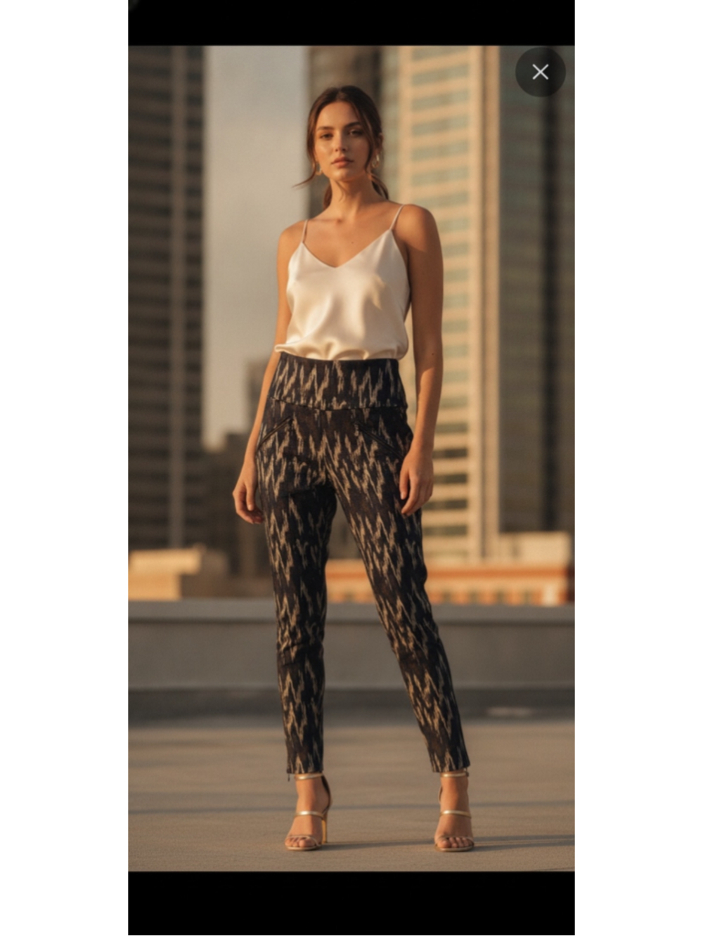 High-Waist Navy Ikat Print Jumpsuit / Foldover Pants Size M maximalist cropped